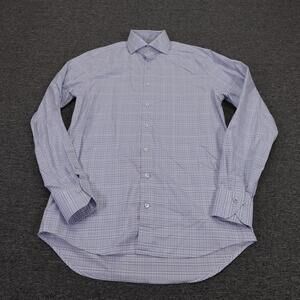 Stenströms Shirt Mens 16 Blue Gingham Slim Fit Twofold Cotton Dress Long Sleeve